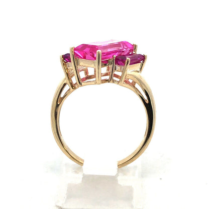 Designer 10K Yellow Gold Rectangle Pink Topaz Trio Modernist Statement Ring