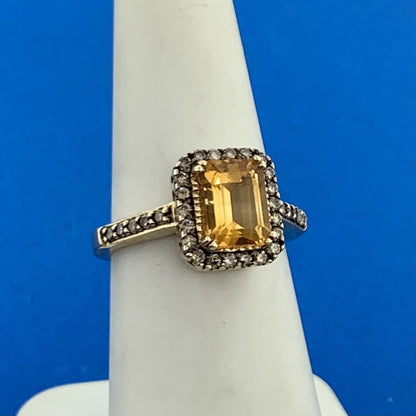 LeVian 14K Yellow Gold Radiant Cut Citrine Champagne Diamond Halo Ring