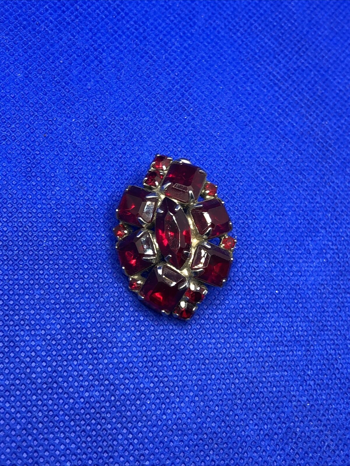 Mid Century Silver Tone Red Glass Rhinestone Statement Clip On Stud Earrings