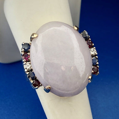 14K Yellow Gold Lavender Jade Diamond Ruby Sapphire Accented Statement Ring