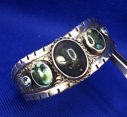 Sterling Silver Multi Stone Life is Good Scroll Design Wavy Open Cuff Bracelet