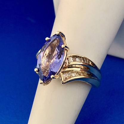 Designer 14K Yellow Gold Tanzanite Marquise Solitaire Diamond Accent Ring