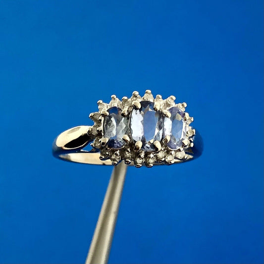 Gorgeous 10k White Gold Oval Cut Triple Tanzanite Diamond Accent Ring Size 7