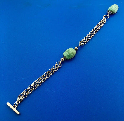 Vintage 925 Sterling Silver Carved Stone Scarab Beetle Oval Link Toggle Bracelet