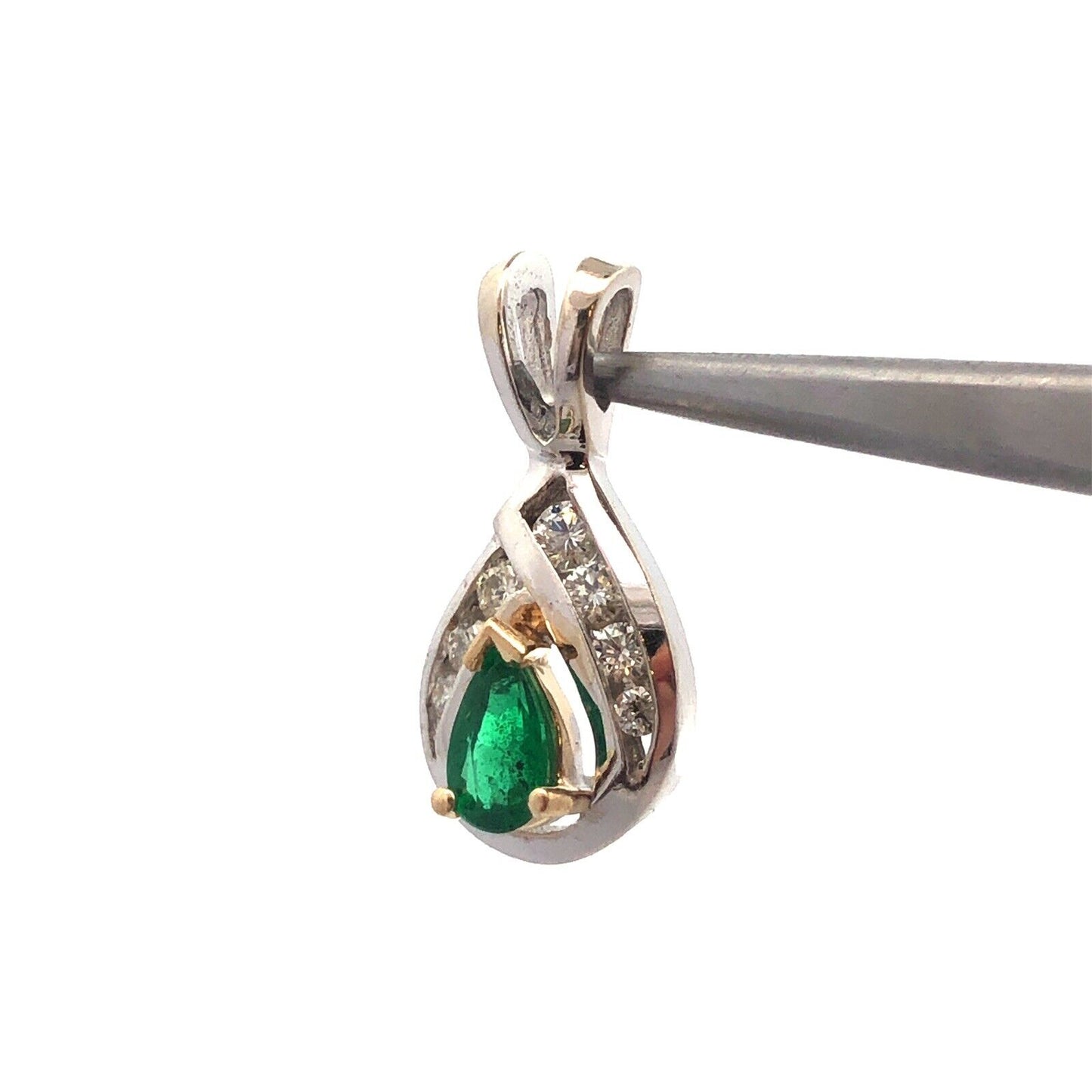 Designer 14K White Gold Pear Emerald Round Diamond Petite Pendant
