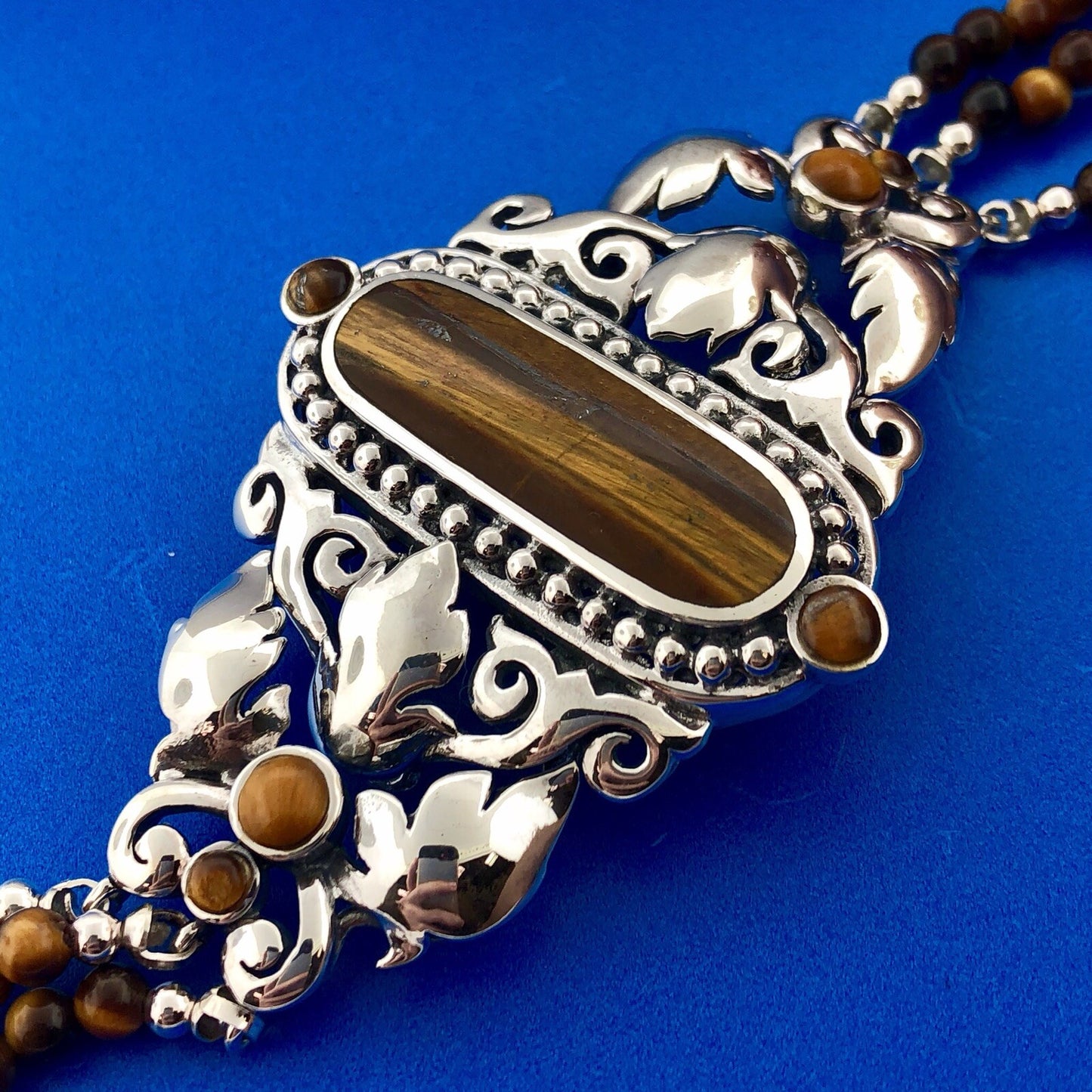 Retro 925 Sterling Silver Tiger Eye Beaded Open Scroll Work Statement Bracelet