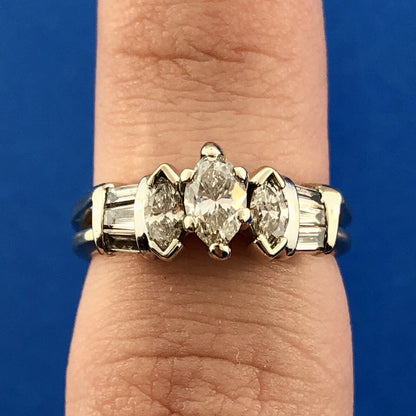 Vintage 14K Yellow White Gold Marquis Diamond Trio Accents Engagement Ring