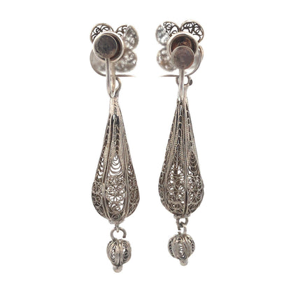 Vintage 925 Sterling Silver Intricate Filigree Floral Dangle Screw Back Earrings