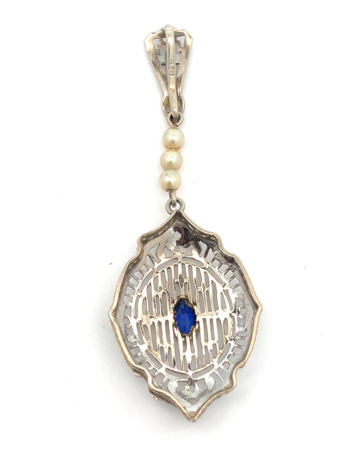 Vintage 14K White Gold Oval Blue Sapphire Seed Pearl Filigree Statement Pendant