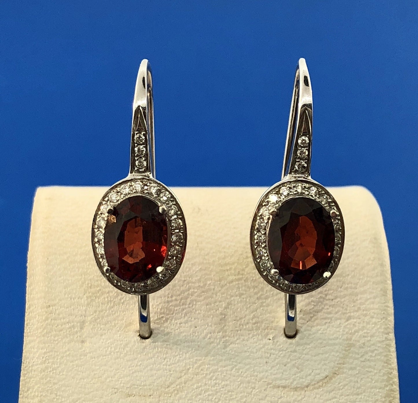 Gorgeous 18k White Gold Oval Red Garnet Diamond Halo Leverback Drop Earrings