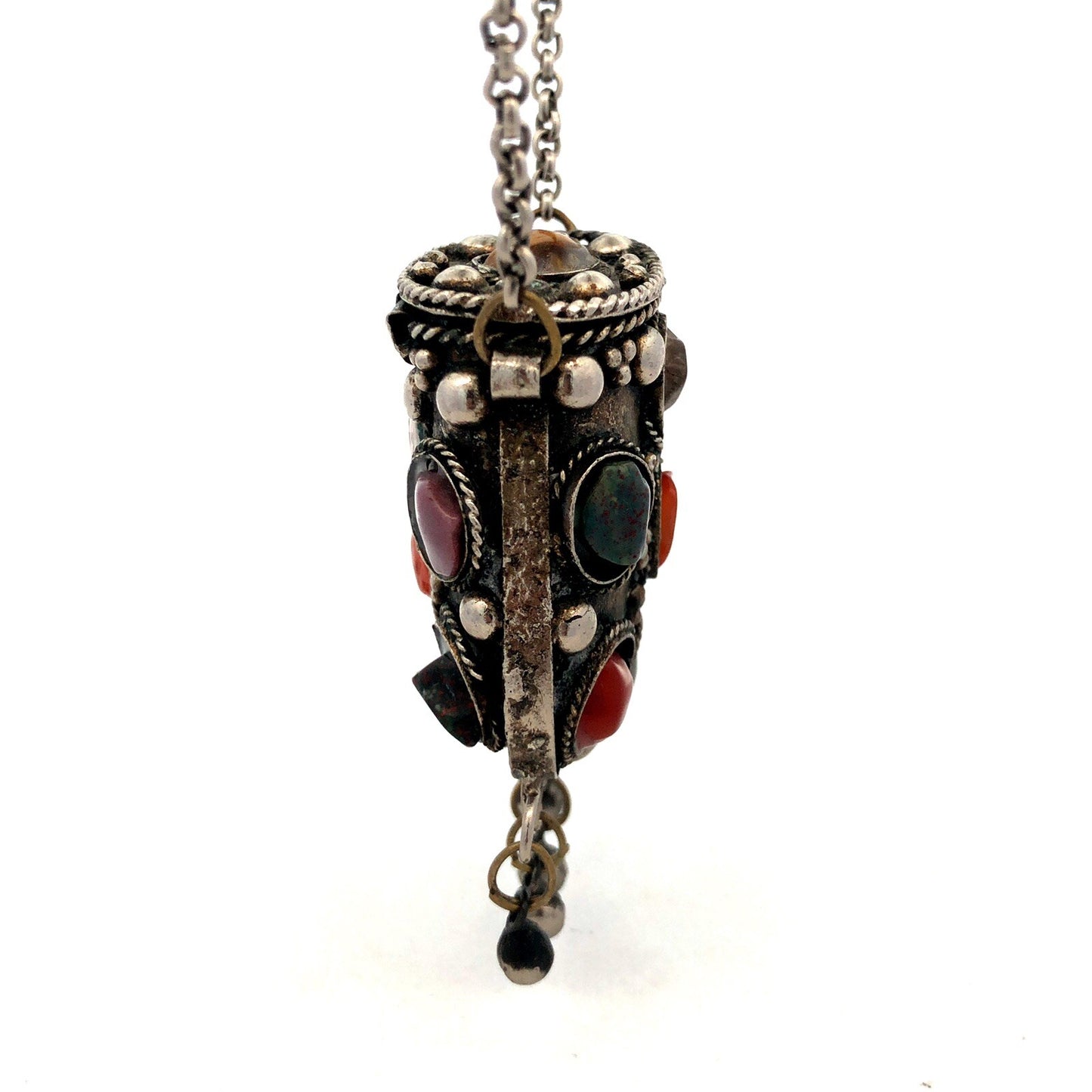 Vintage Sajai Metal Mixed Gemstone Silver Tone Prayer Box Coin Purse Necklace