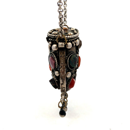 Vintage Sajai Metal Mixed Gemstone Silver Tone Prayer Box Coin Purse Necklace