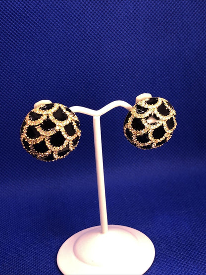Ciner Gold Tone Black Enamel Rhinestone Mid Century Glam Button Clip On Earrings