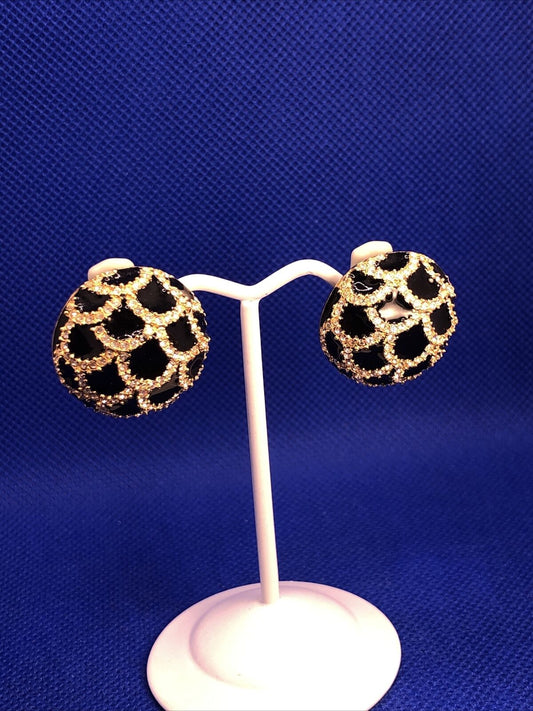 Ciner Gold Tone Black Enamel Rhinestone Mid Century Glam Button Clip On Earrings