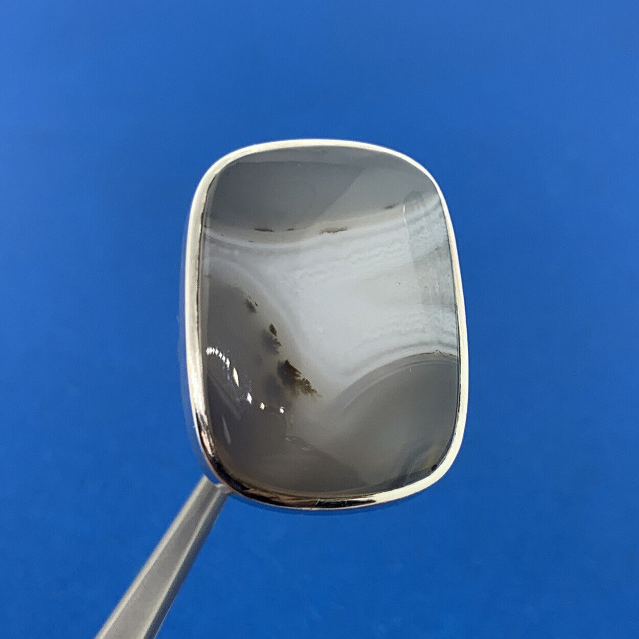 Retro 925 Sterling Silver Rectangle Banded Agate Statement Cocktail Ring