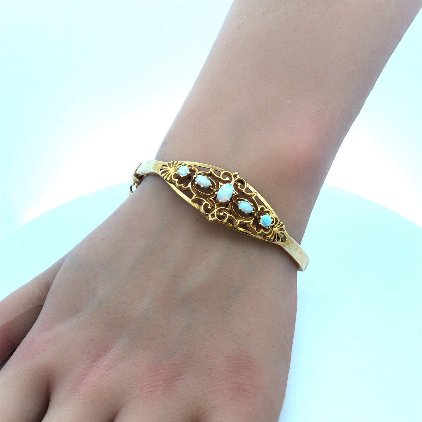 Art Deco 14K Yellow Gold Ornate Opal Scroll Decorative Scroll Bangle Bracelet