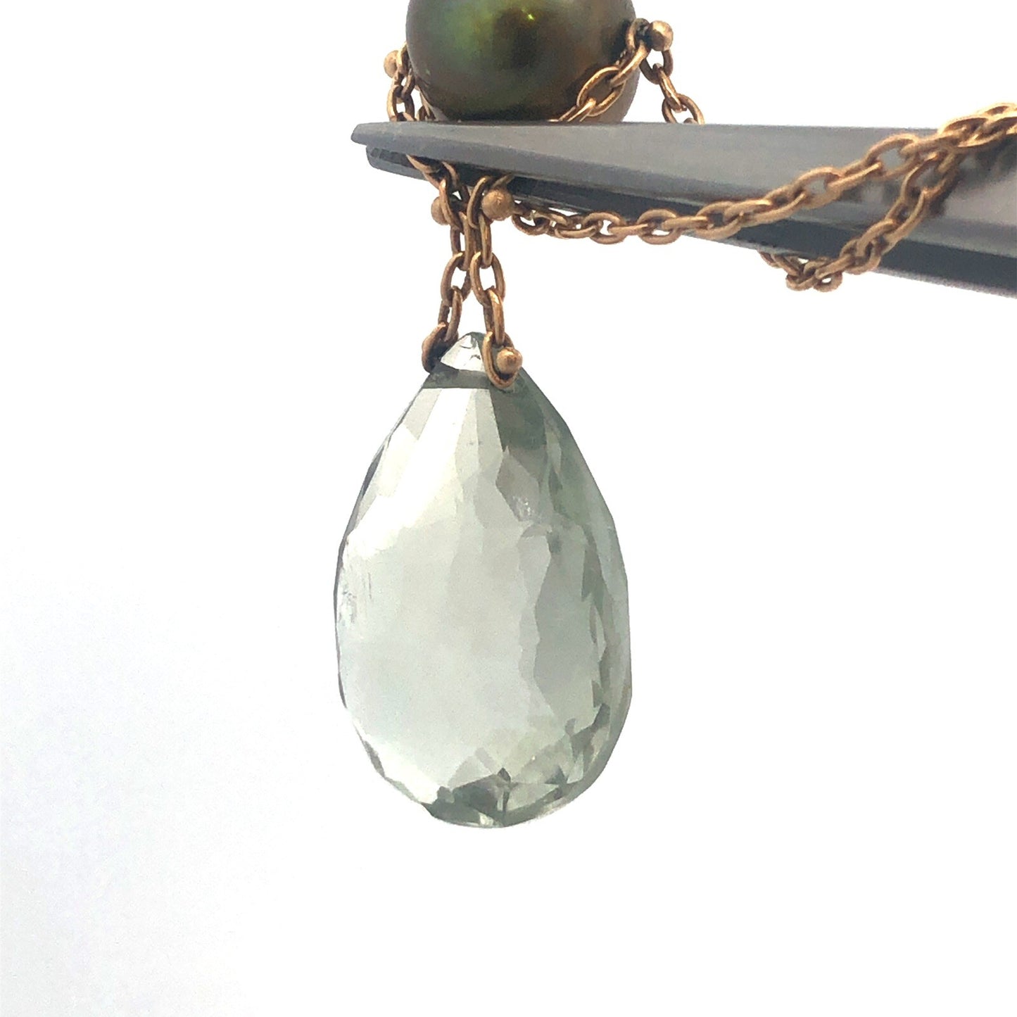 Gorgeous 14k Yellow Gold Teardrop Peridot Green Pearl 18" Oval Link Necklace