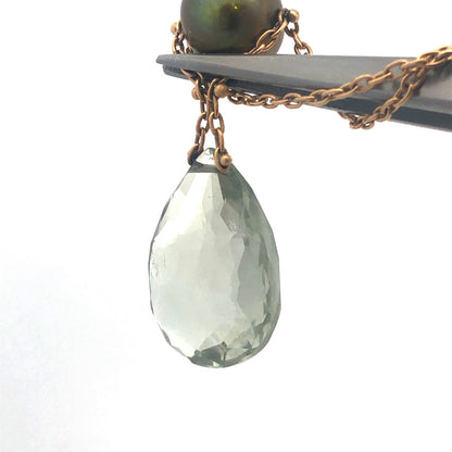 Gorgeous 14k Yellow Gold Teardrop Peridot Green Pearl 18" Oval Link Necklace