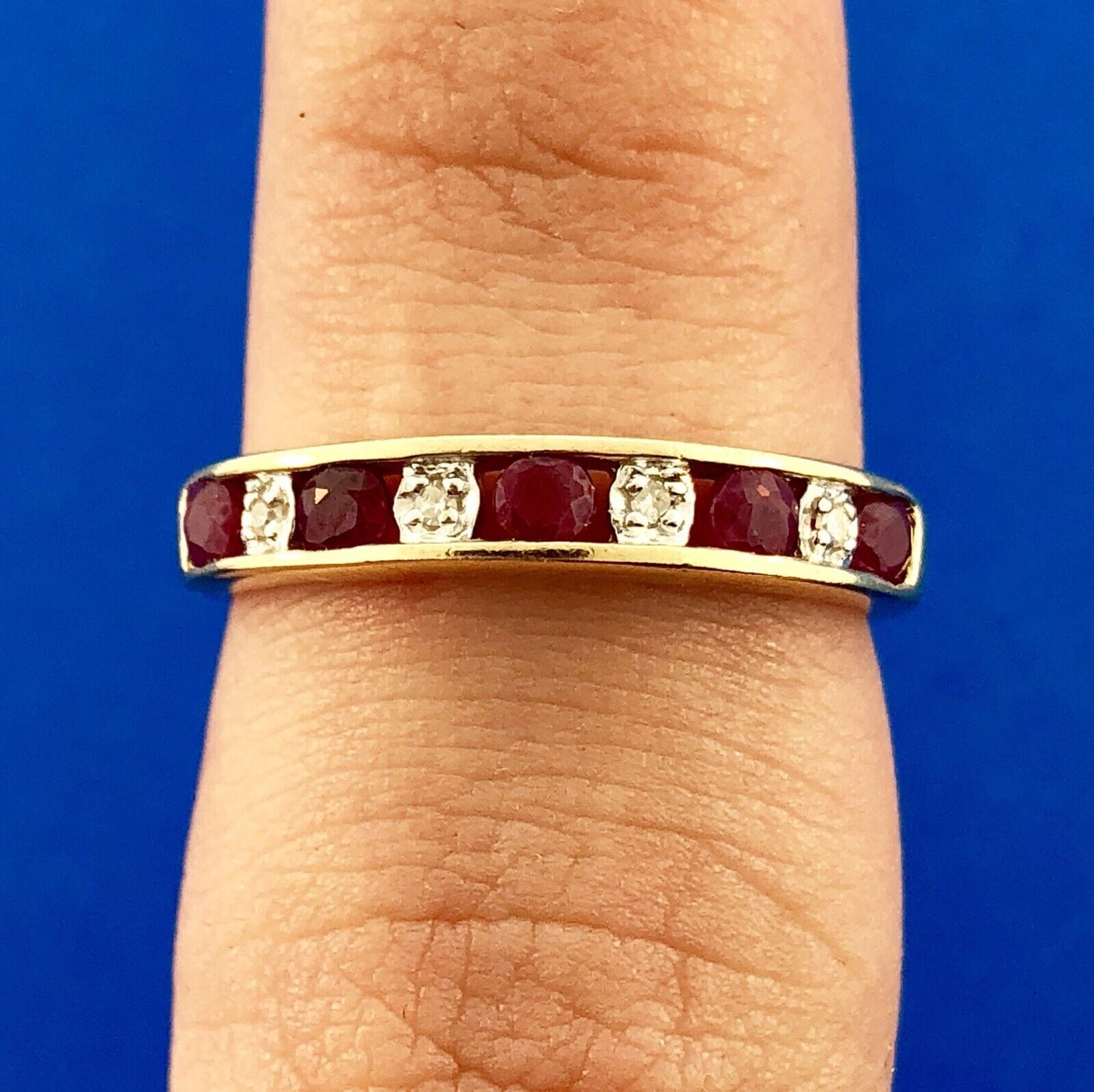 Classic 10K Yellow Gold Ruby Diamond Bridal Anniversary Birth Stone Band Ring