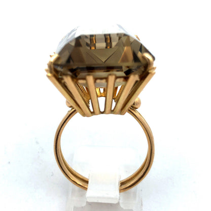 Retro 18K Yellow Gold Emerald Cut Smoky Topaz Statement Cocktail Finger Ring
