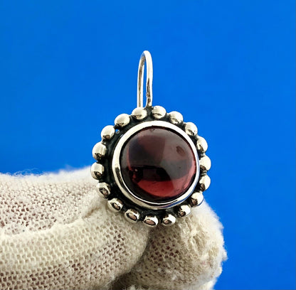 Modernist Sterling Silver Garnet Cabochon Beaded Halo January Occasion Earrings