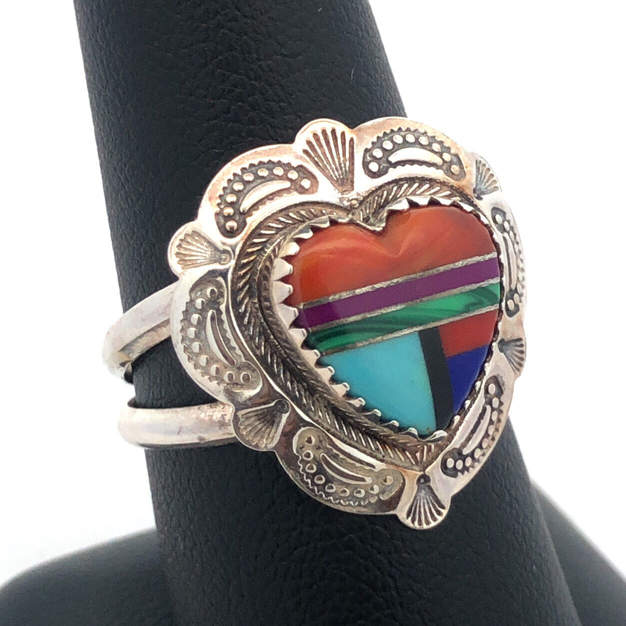 Quoc Turquoise Inc 925 Sterling Silver Mixed Gemstone Inlay Heart Concho Ring