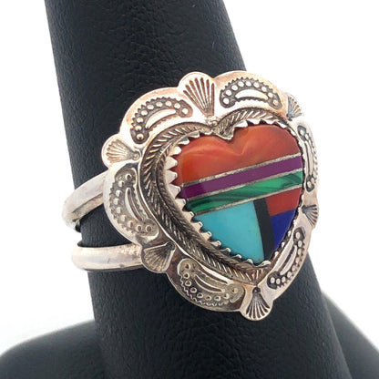 Quoc Turquoise Inc 925 Sterling Silver Mixed Gemstone Inlay Heart Concho Ring