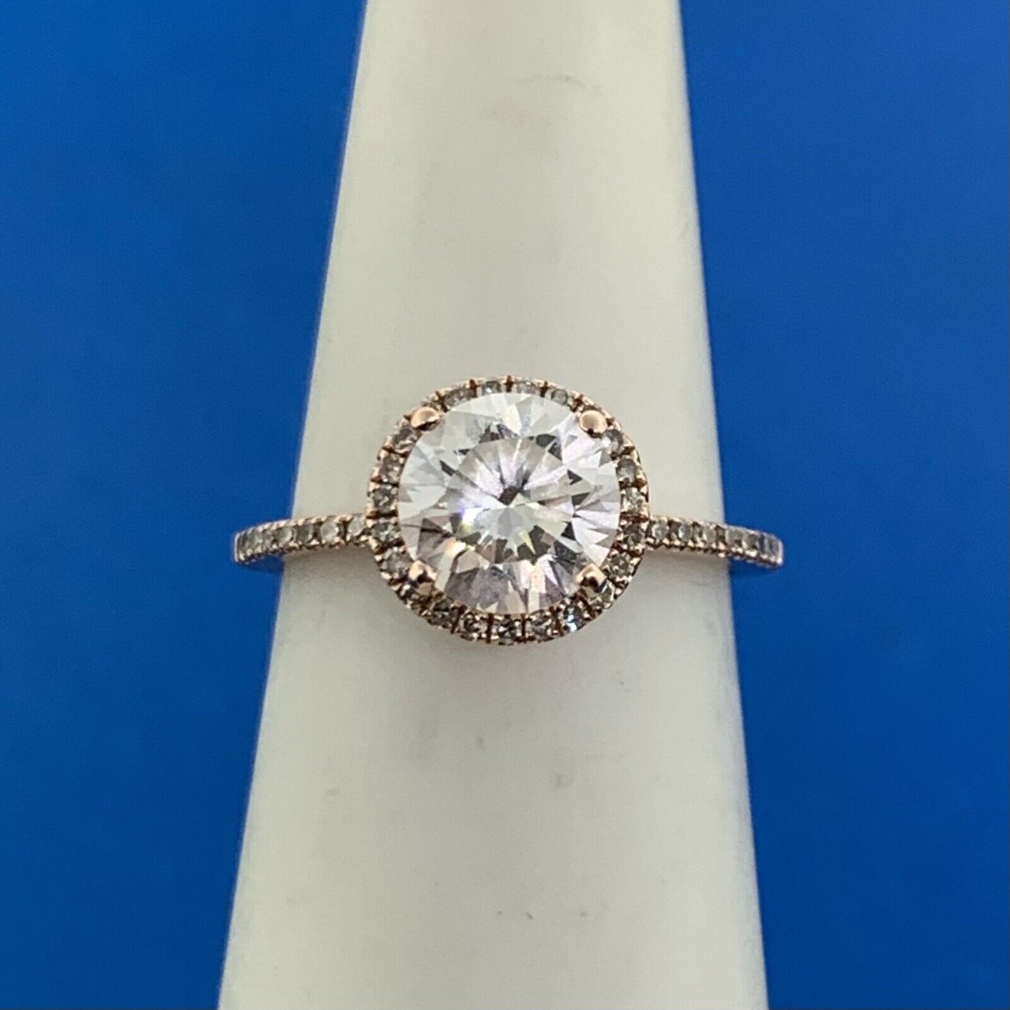 14K Rose Gold Cubic Zirconia Solitaire Diamond Halo Accented Engagement Ring