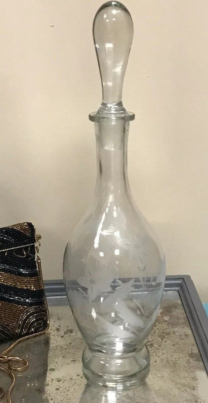 Romania Floral Etched Cordial Aperitif Sherry Bar Ware Decorative Glass Decanter