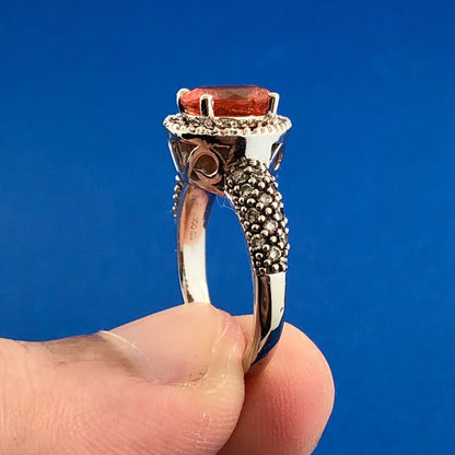 Stunning 14K White Gold Mexican Fire Opal Diamond Halo Ladies Cocktail Ring