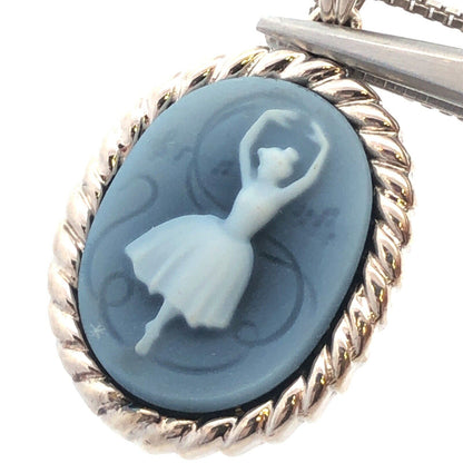 Designer 925 Sterling Silver Oval Blue Cameo Ballerina Dancer Pendant Necklace