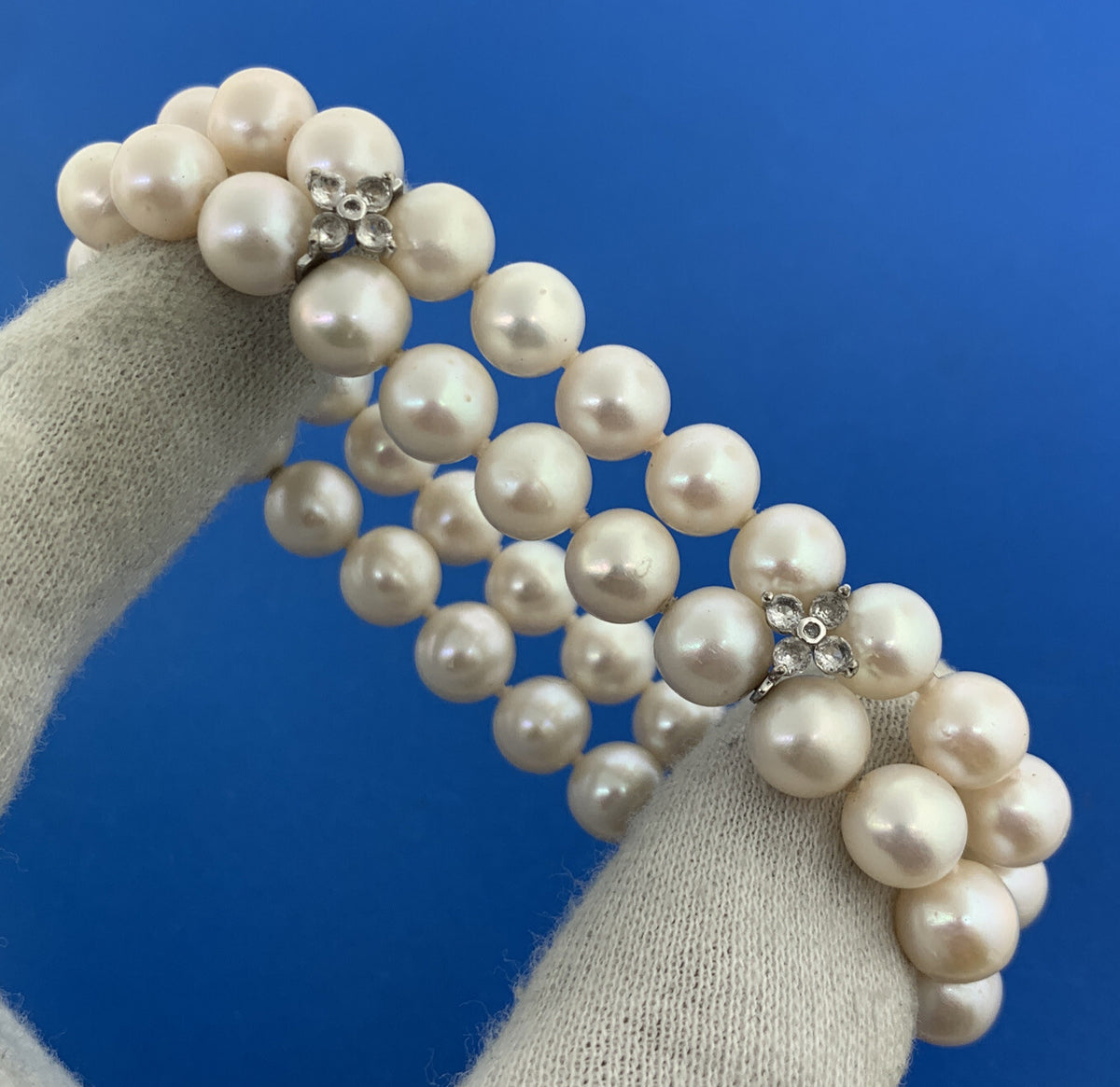 Sterling Silver 925 Pearl White Topaz Accented Double Strand Bracelet