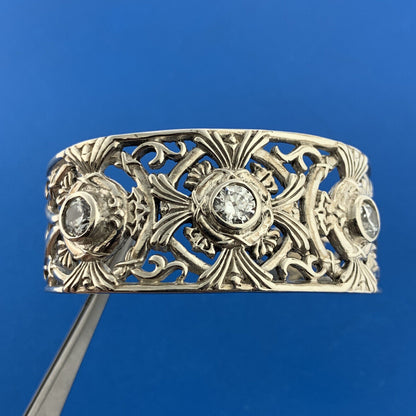 Artisan Sterling Silver Cubic Zirconia Open Scroll Work Statement Cuff Bracelet