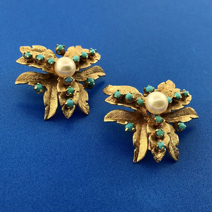Vintage 14K Yellow Gold Pearl Turquoise Leaf Design Statement Clip Earrings