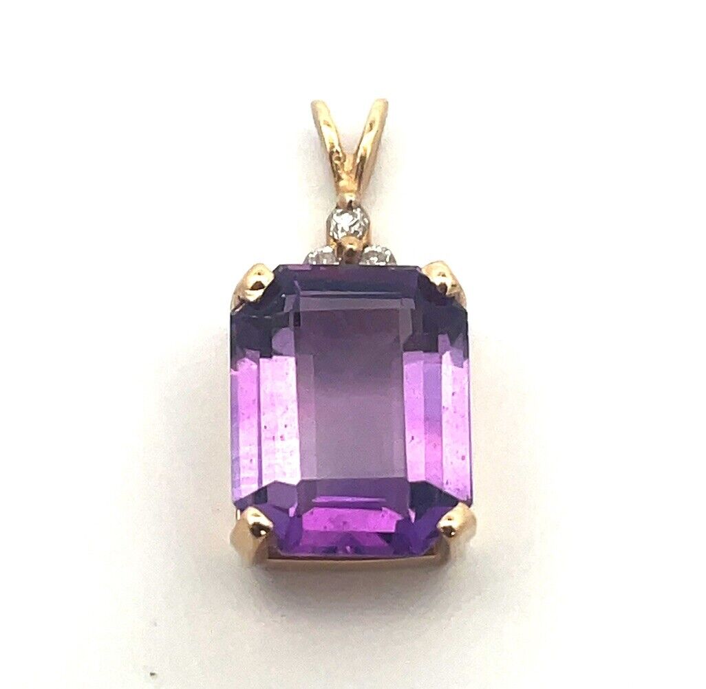 Vintage Designer 14K Yellow Gold Emerald Cut Amethyst Diamond Accent Pendant