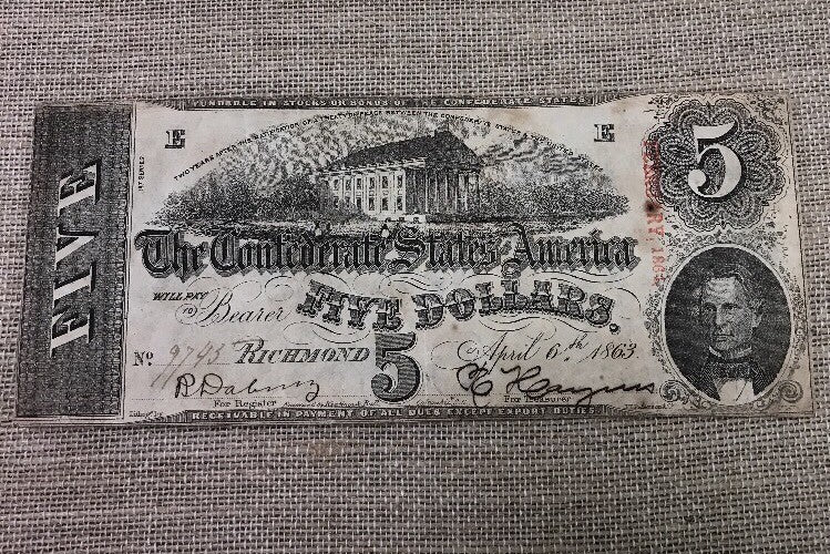 1863 $5 Confederate States of America April 6 Richmond Civil War Era Note T-60