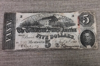 1863 $5 Confederate States of America April 6 Richmond Civil War Era Note T-60