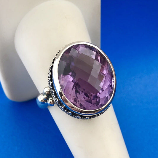 Stunning Sterling Silver 925 Faceted 13.25 ct Amethyst Dome Ring Size 8.75