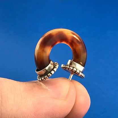 Vintage 925 Sterling Silver Amber Tube Half Hoop Stud Earrings