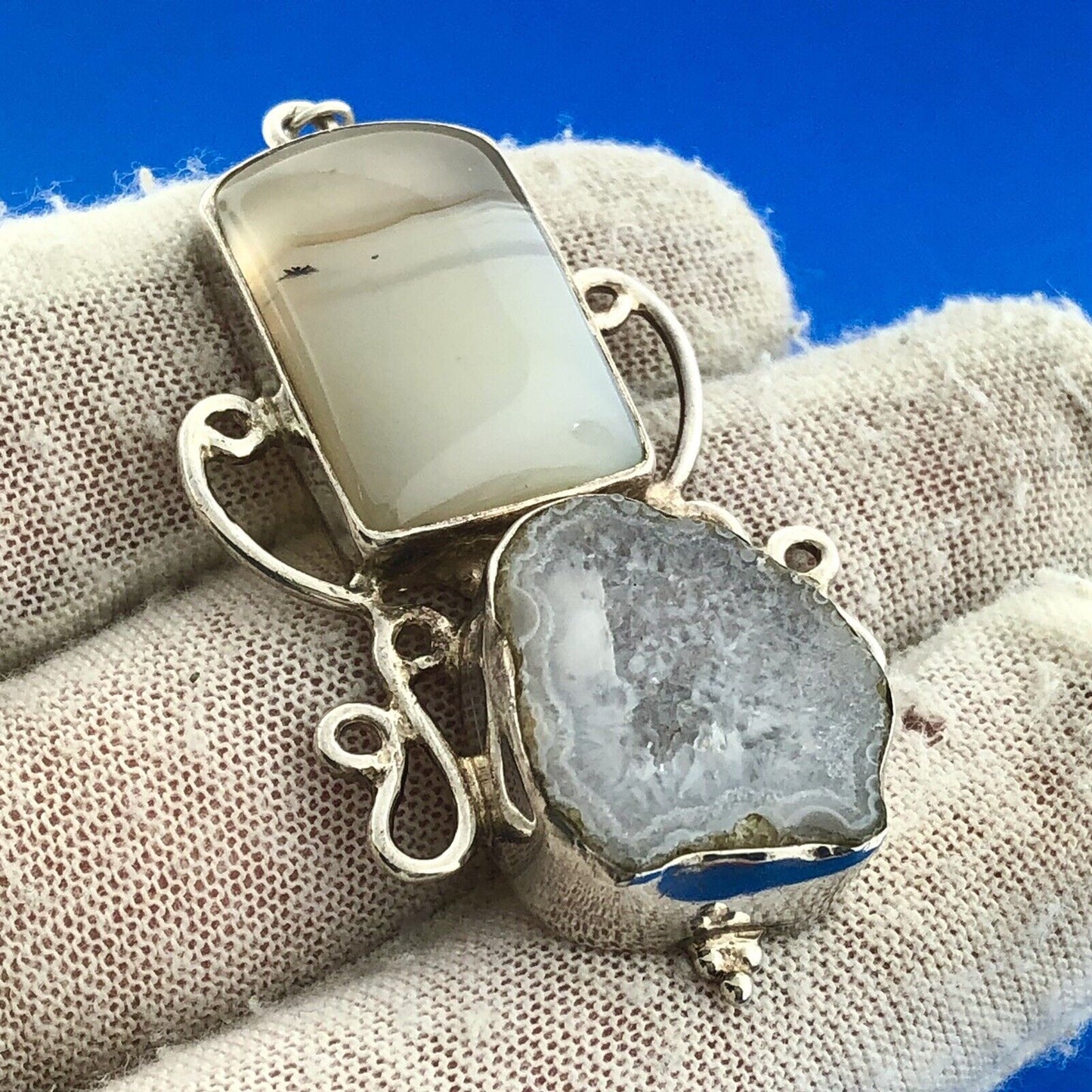 Sterling Silver 925 Banded Agate Grey Druzy Quartz Statement Dangle Earrings