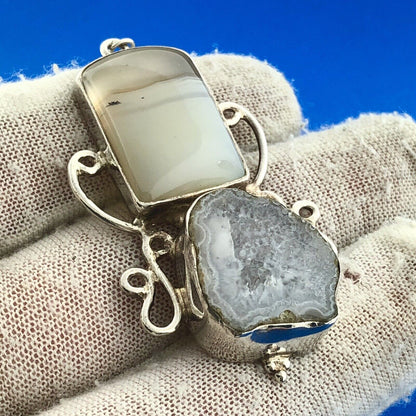 Sterling Silver 925 Banded Agate Grey Druzy Quartz Statement Dangle Earrings