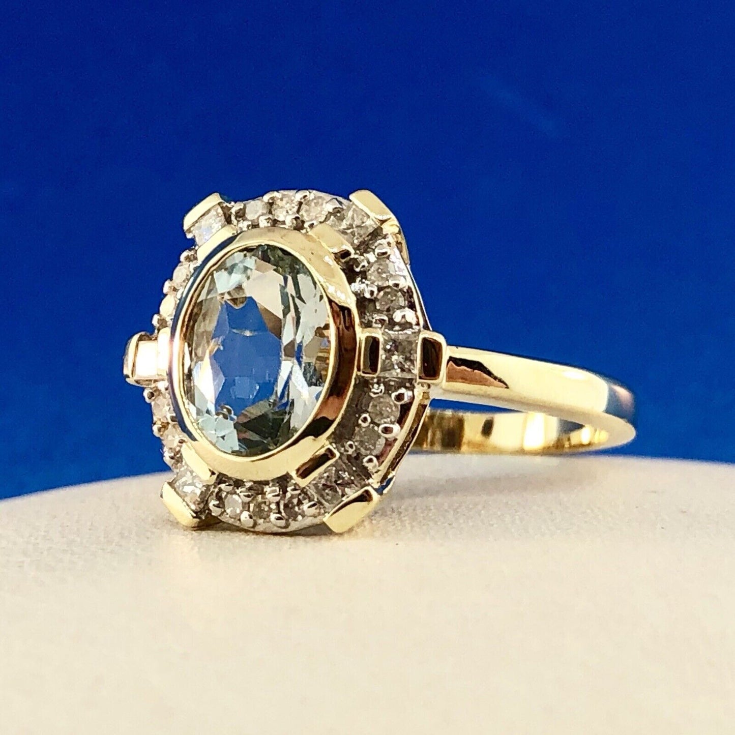 Designer 10K Yellow Gold Aquamarine Diamond Halo March Birthday Anniversary Ring