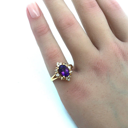 14K Yellow Gold Amethyst Diamond Halo Starburst Cluster February Cocktail Ring