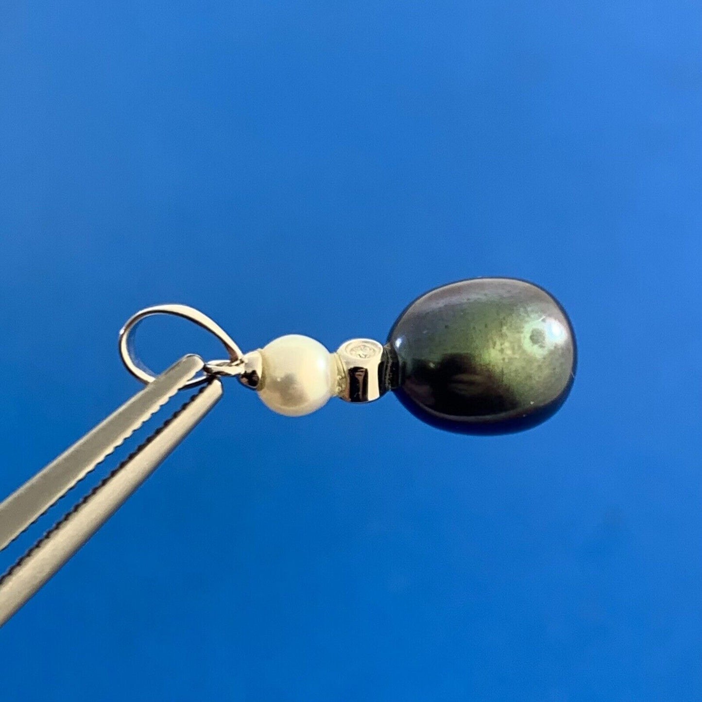 Designer 14K White Gold Black White Pearl Diamond Accented Drop Dangle Pendant