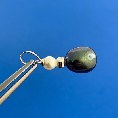 Designer 14K White Gold Black White Pearl Diamond Accented Drop Dangle Pendant