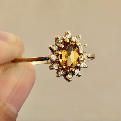 Vintage 10K Yellow Gold Oval Citrine Diamond Halo Engagement Cocktail Ring