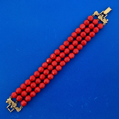 Vintage Gold Tone Red Jet Bead Three Strand Leaf Motif Link Bracelet
