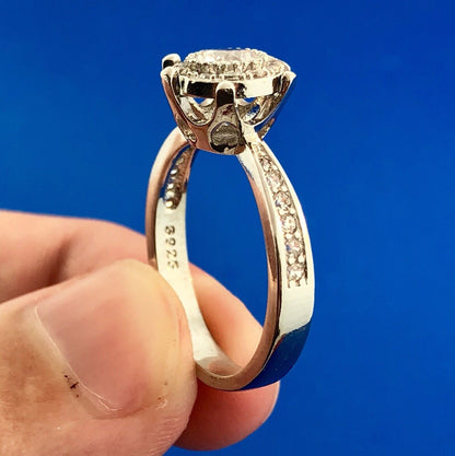 Sterling Silver 925 Cubic Zirconia White Sapphire Halo Engagement Promise Ring