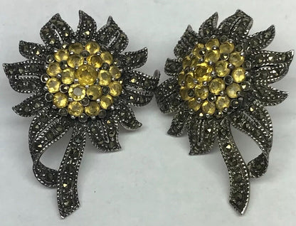 Art Deco Sterling Silver 925 Lemon Quartz Marcasite Sunflower Statement Earrings