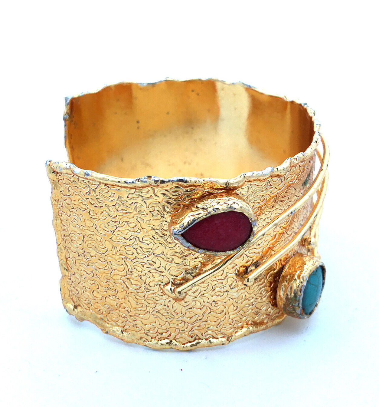 Retro Gold Tone Lapis Lazuli Turquoise Pink Tourmaline Wide Open Cuff Bracelet